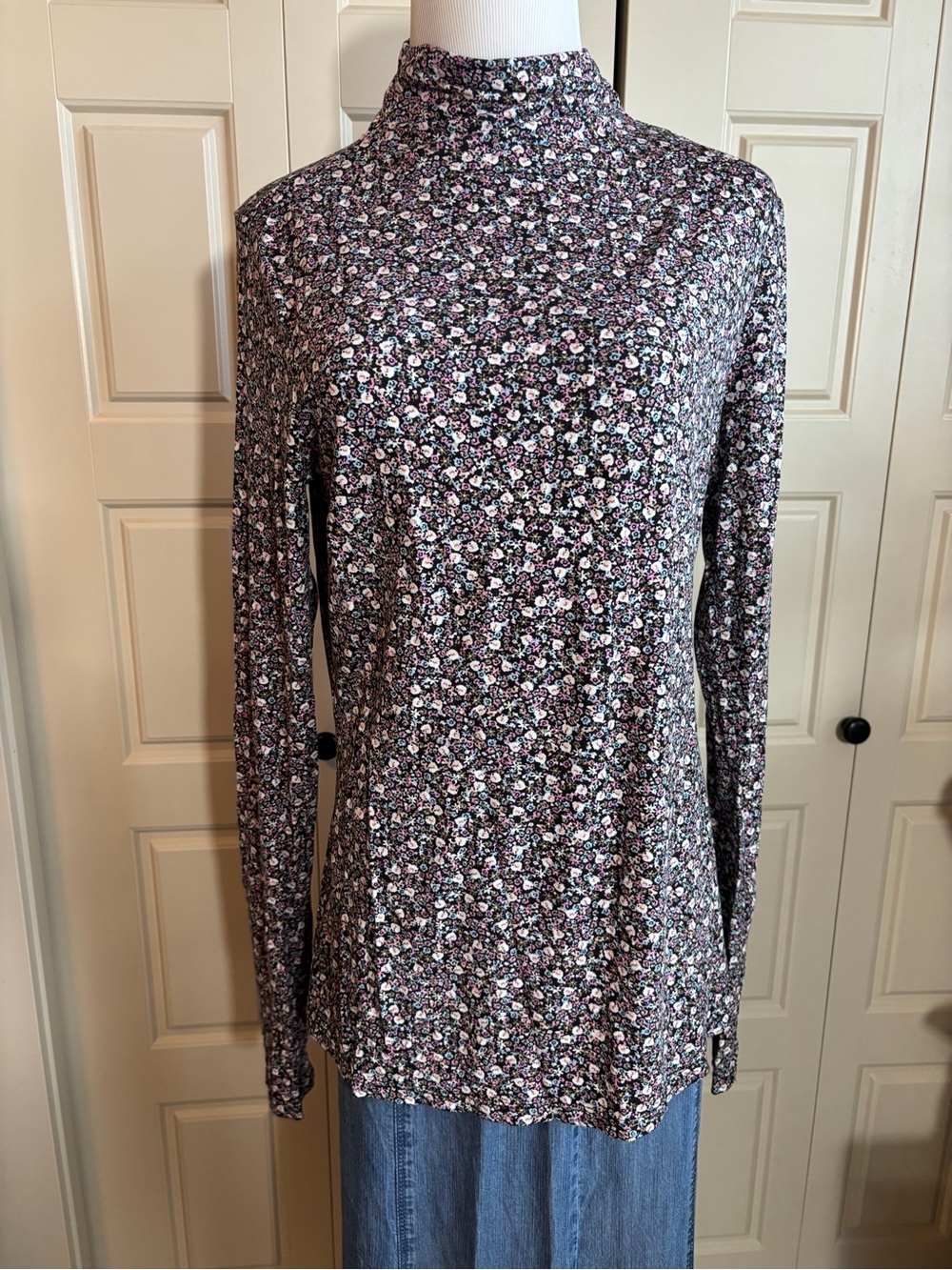 H&M Floral Mock Neck Long Sleeve Top - Pink & Black